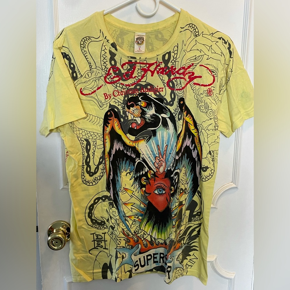 Mems small Ed Hardy yellow rhinestone tshirt tee shirt panther eye snake tattoo
